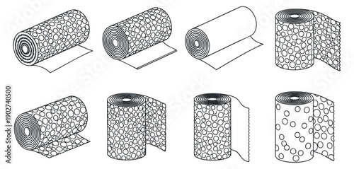 A collection of various rolled paper designs featuring different patterns in minimalist black and white vector style, suitable for craft projects and design elements