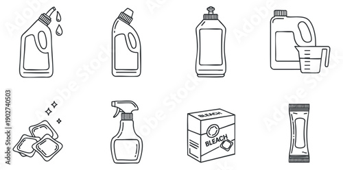 A collection of cleaning supplies icons including bottles, spray, bleach, and detergent in simple outline vector style, suitable for cleaning service branding and packaging