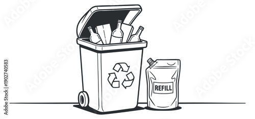 A recycling bin filled with bottles and a refillable container in a minimalist outline vector style, suitable for eco-friendly projects