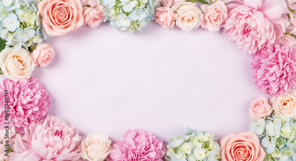 Fototapeta premium Beautiful floral frame with pink roses and blue hydrangeas on light purple surface
