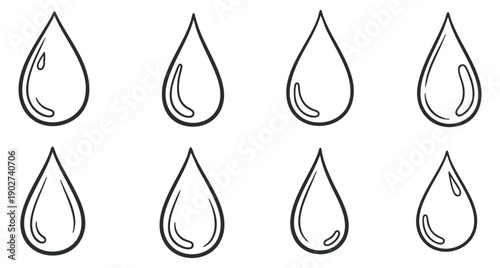 A collection of eight water droplet icons in clean outline vector style, perfect for design projects and environmental themes