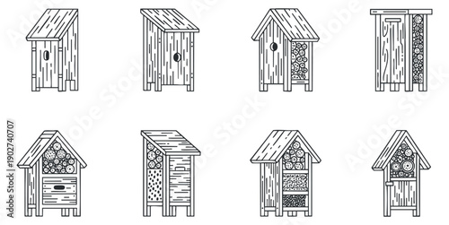 A collection of eight unique bee hives in black and white outline vector style, suitable for nature and gardening themes