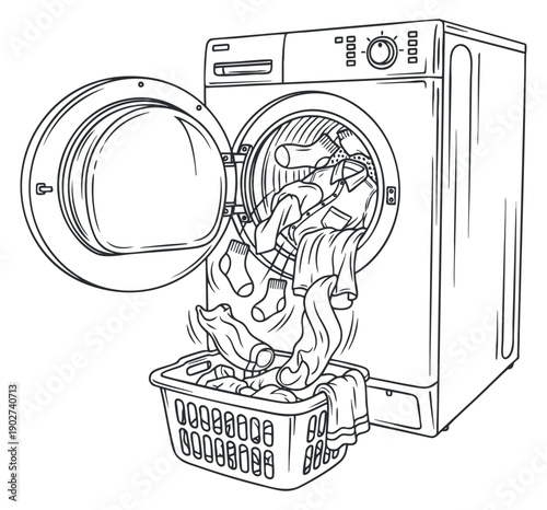 A washing machine with an open door and clothes spilling out into a laundry basket in outline black and white vector style, ideal for home cleaning and appliance design