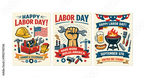 Vintage Labor Day Celebration Icon Set. Featuring hard hat, tools, barbecue, beer, and American flag