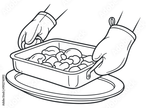 A pair of hands wearing oven mitts holding a casserole dish, depicted in black and white outline vector style, perfect for culinary illustrations and kitchen-themed designs
