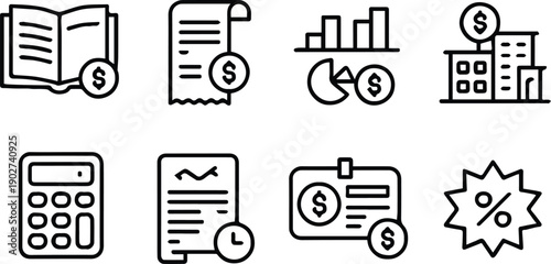 finance icons set accounting bookkeeping line art symbols pack vectors