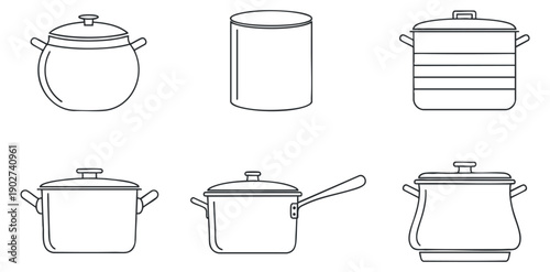 A set of various cooking pots and pans in clean line art vector style, suitable for kitchenware branding and culinary design