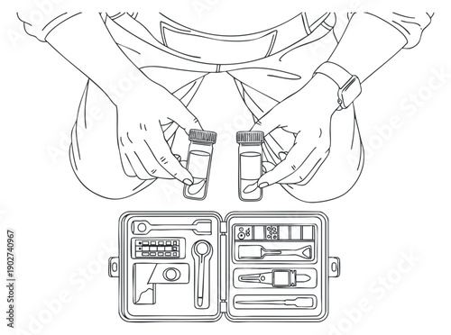 A medical diagnostic kit with vials and tools in outline vector style, suitable for healthcare and medical illustrations