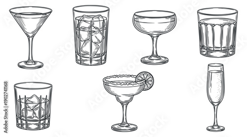 A collection of various cocktail glasses including martini, whiskey, and champagne in outline vector style, perfect for bar menus and cocktail branding