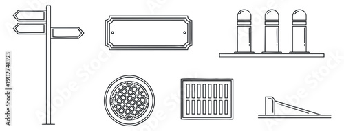 A collection of street signs, a placard, bollards, a manhole cover, and a grate in black and white outline vector style, suitable for urban design projects