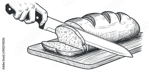 A hand slicing a loaf of bread with a knife on a wooden cutting board in vintage black and white sketch style, ideal for culinary projects