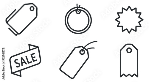 A collection of various price tags, sale labels, and promotional icons in minimalist outline vector style, suitable for retail and ecommerce branding