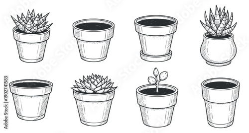 A collection of hand-drawn potted plants and succulents in vector outline style, suitable for gardening and interior design projects