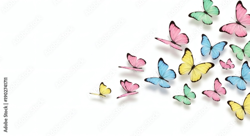 Fototapeta premium A cluster of vibrant, colorful butterflies flutters gracefully across a pristine background, creating a sense of delicate beauty and ethereal lightness.