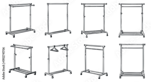 A collection of clothing racks in various styles and positions in minimalist outline vector design, perfect for retail and interior decor