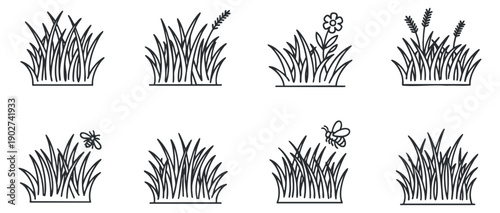 A collection of various grass illustrations with flowers and insects in minimalist outline vector style, suitable for nature-themed designs