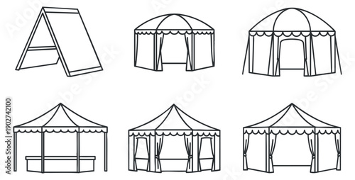 A collection of various tent designs in black and white line art vector style, suitable for event planning and outdoor gatherings