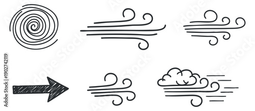 A set of swirling wind, clouds, and arrows in hand-drawn outline vector style, ideal for weather-related designs