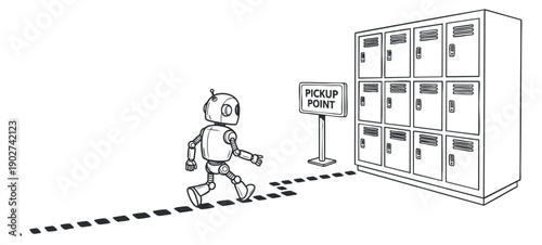 A cartoon robot walking towards a pickup point sign next to a row of lockers in minimalist black and white vector style, ideal for technology and service illustrations
