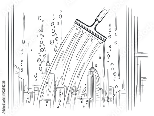 A window squeegee cleaning a glass surface with a city skyline in outline vector style, ideal for cleaning service branding