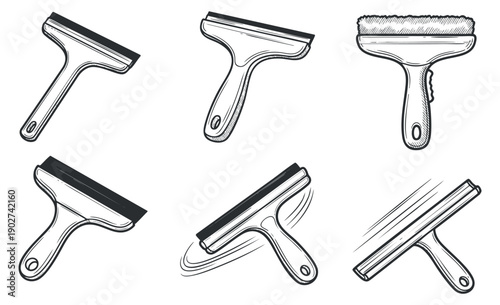 A collection of squeegees in various styles and designs in black and white outline vector style, ideal for cleaning and maintenance graphics