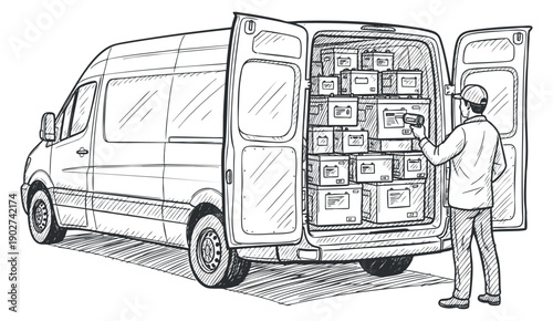 A delivery van with open doors revealing organized boxes in an outline sketch style, perfect for transportation and logistics branding