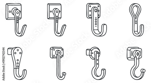 A collection of various hooks in outline minimalist vector style, ideal for home organization and storage solutions