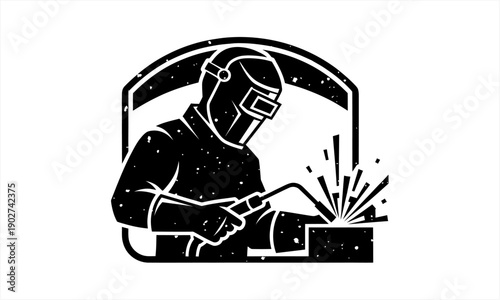 Skilled welder in protective gear performing arc welding with sparks flying.