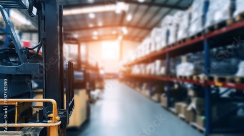forklift. Industrial warehouse scene with forklift loader, logistics theme and blurred background. safety posters, maintenance manuals, designed for precision metalworking and fabrication facilities.
