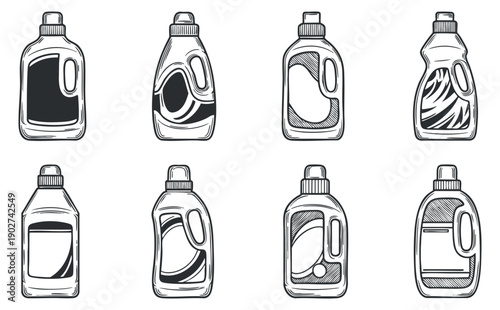 A collection of eight detergent bottles in detailed outline vector style, suitable for cleaning product branding and packaging design