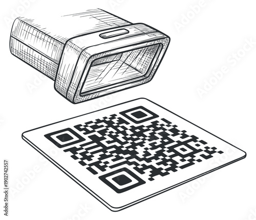 A QR code being scanned by a digital scanner in a detailed black and white vector illustration style, suitable for tech and marketing projects