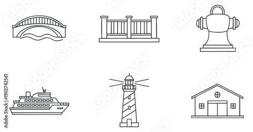 A collection of nautical icons including a bridge, lighthouse, ship, and dock in minimalist black and white outline vector style, ideal for maritime-themed projects