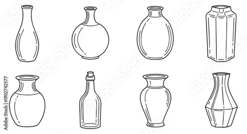 A collection of eight decorative vases in outline minimalist vector style, perfect for home decor and interior design projects