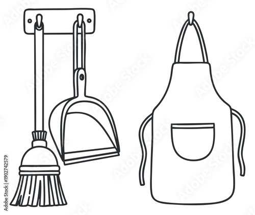 A collection of a broom, dustpan, and apron in minimalist line art vector style, ideal for cleaning service branding and home decor