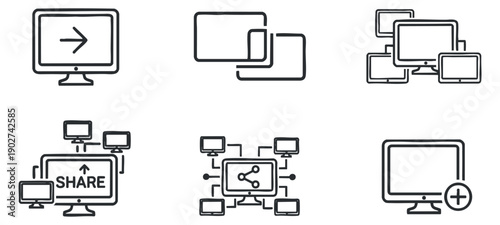 A collection of computer screen icons depicting sharing, networking, and connections in clean outline vector style, suitable for technology and digital communication projects