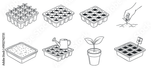 A set of gardening icons including seed trays, pots, and planting illustrations in outline vector style, ideal for gardening tips and educational materials