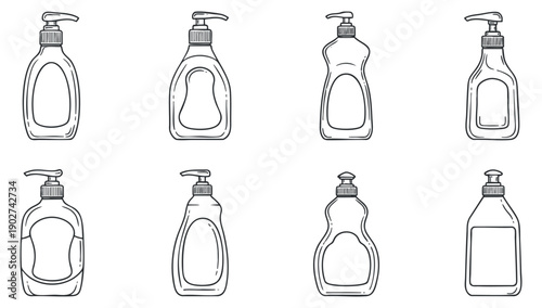 A collection of various dish soap bottles in outline vector style, suitable for cleaning product branding and packaging design