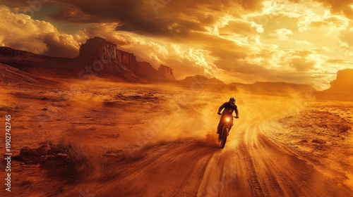 A motorcyclist rides a motorcycle on a dusty road towards the horizon. The landscape is dominated by stunning mountains and an atmospheric sky, creating a sense of adventure AI Generative