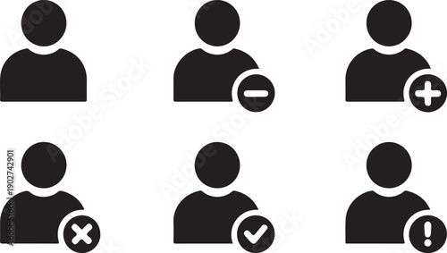 user icon set with add remove approve reject and alert badges