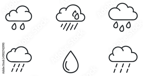 A collection of six rain cloud icons in simple outline style, ideal for weather-related designs and applications