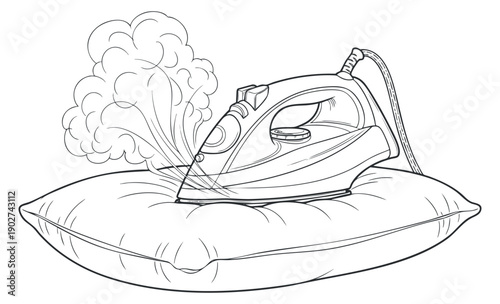 A steam iron releasing vapor on a fluffy pillow in black and white outline vector style, ideal for household cleaning and laundry design