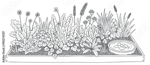 A detailed line art illustration of a garden bed filled with various plants and herbs in a minimalist style, suitable for gardening guides and eco-friendly projects