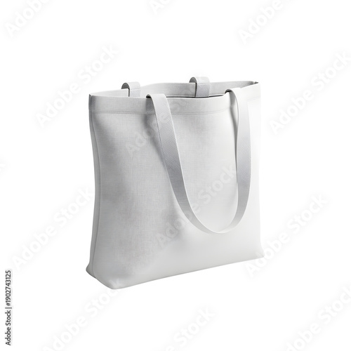 Realistic blank white canvas tote bag mockup presented at a slight angle on transparent background