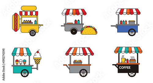 Street Food Cart line art vibrant color