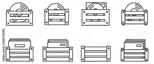 A collection of vinyl record storage crates in black and white outline vector style, suitable for music-related branding and design
