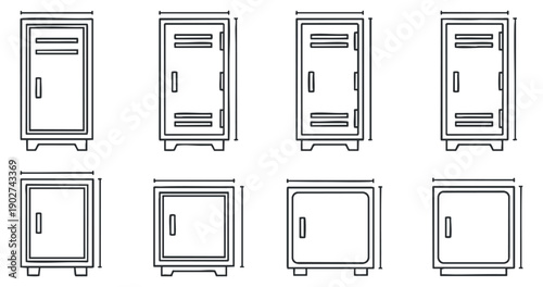 A set of nine outline-style refrigerator illustrations in minimalist vector design, ideal for kitchen layout and appliance graphics