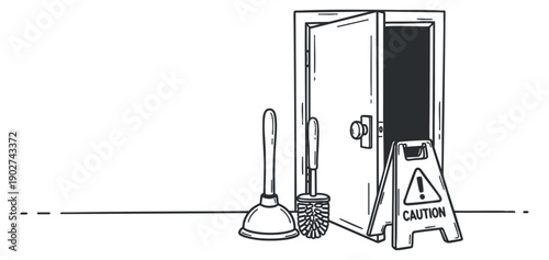 An open door with a plunger and brush beside a caution sign in minimalist black and white vector style, ideal for cleaning service branding
