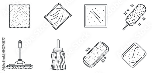 A collection of cleaning tools including a mop, sponge, cloth, and duster in minimalist outline vector style, ideal for cleaning service branding