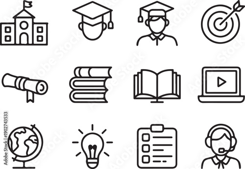 education icons graduation diploma book globe laptop checklist headset