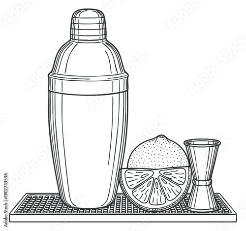 An outline illustration of a cocktail shaker, lime slice, and jigger in minimalist vector style, ideal for bar and cocktail menu design